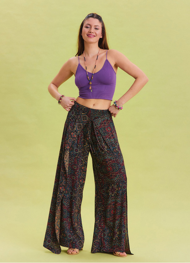 Indigo Bohemian Trousers with Elastic Waist and Tie Detail 4472